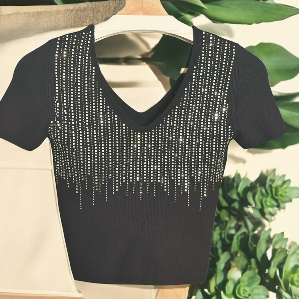Miroh | Elegant Black Rhinestone Embellished Top | Sz:M | Fitted & Ribbed